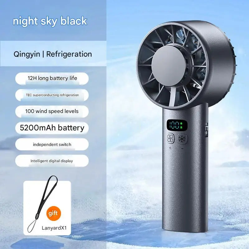 5200mAh Handheld Cooling Fan – USB Rechargeable with Ice Compress & LED Display