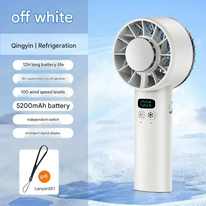 5200mAh Handheld Cooling Fan – USB Rechargeable with Ice Compress & LED Display