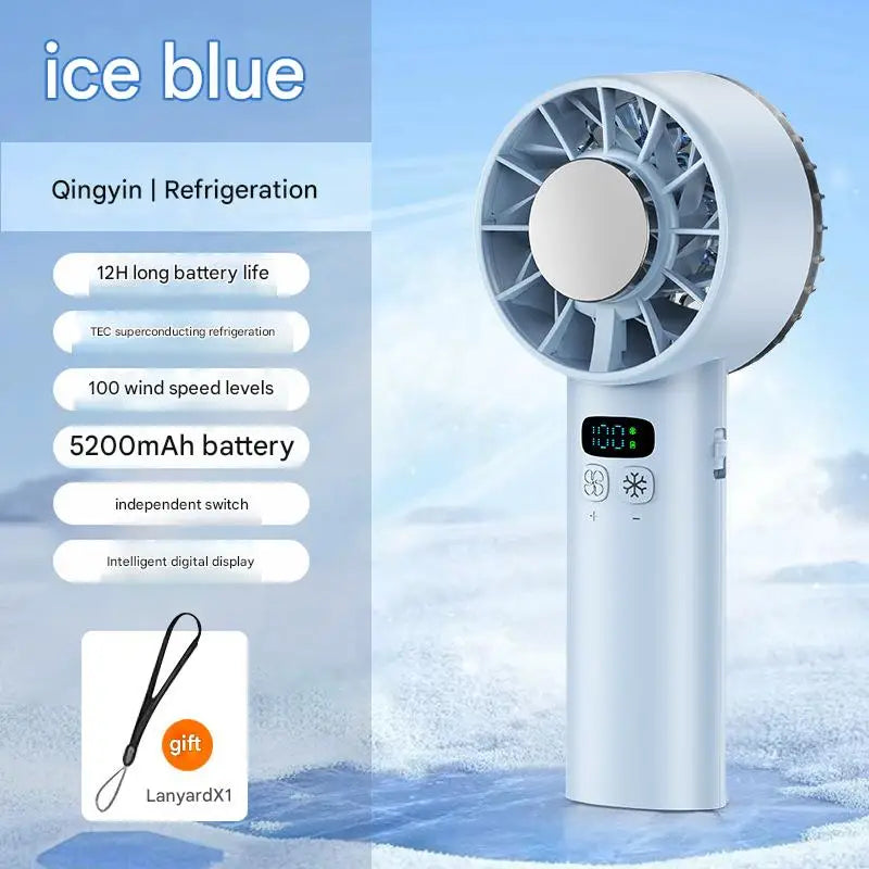 5200mAh Handheld Cooling Fan – USB Rechargeable with Ice Compress & LED Display