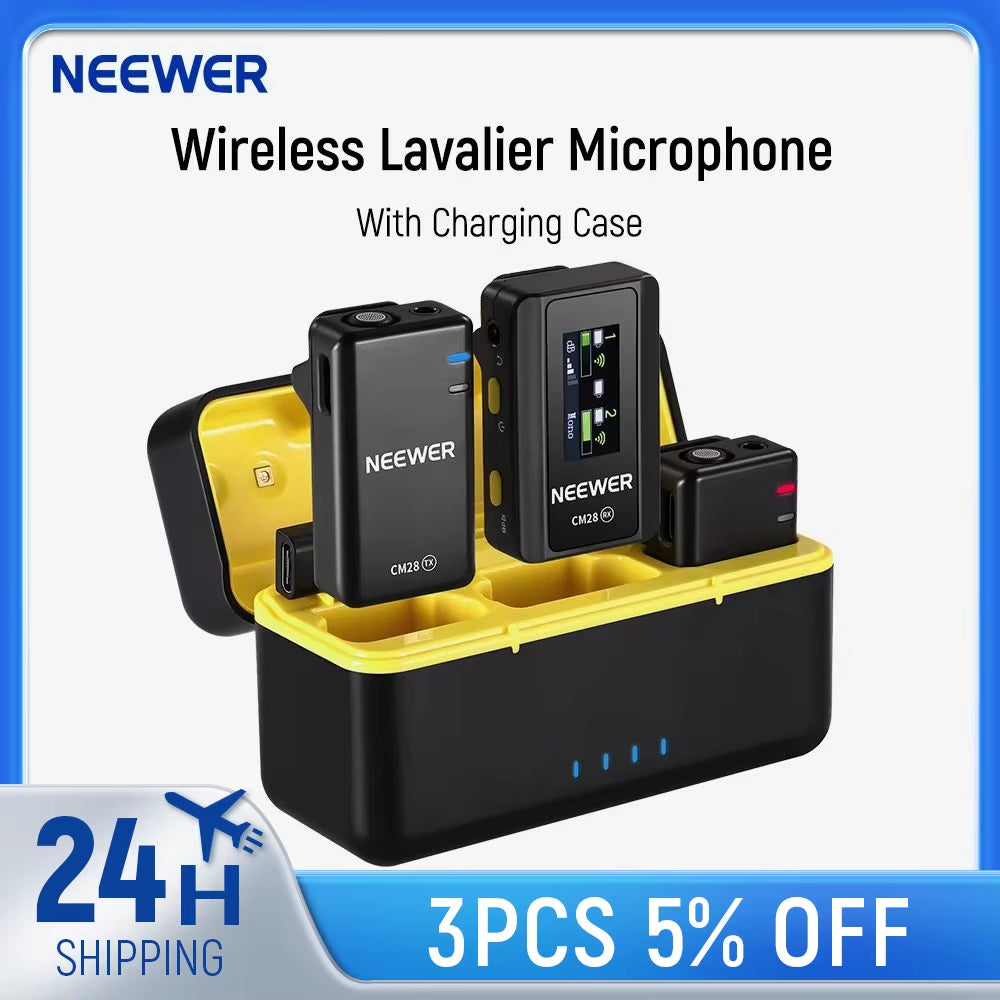 CM28 Wireless Lavalier Microphone with Charging Case – Noise Canceling Lapel Mic for iPhone, Android, PC, Camera